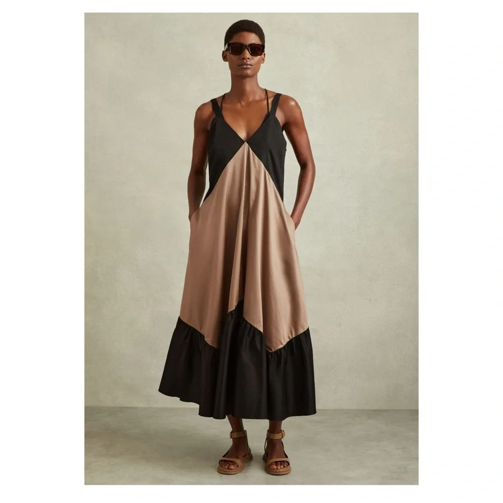 New! REISS LONDON “Natalie” Colorblock Tiered Midi Dress in Taupe and Black - Picture 4 of 11